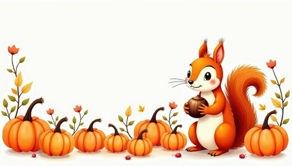 A cheerful squirrel holds an acorn while surrounded by vibrant pumpkins and autumn foliage, perfect for seasonal themes.