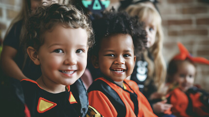 Portrait of cute smiling kids dressed in costumes for Halloween party. Trick or treat, adorable children wearing halloween costumes having fun at halloween night.