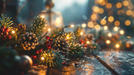 Fototapeta premium Christmas flower ornaments with lights on wooden table.
