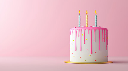 Colorful birthday cake with candles and pink icing dripping on a pastel background. Celebration, dessert, and party theme