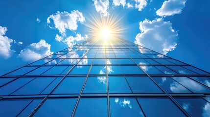 A skyscraper with a bright sun shining above. This image can be used for concepts of success, ambition, and growth.