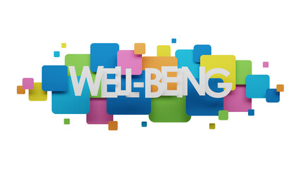 3D render of WELL-BEING typography banner on colorful squares