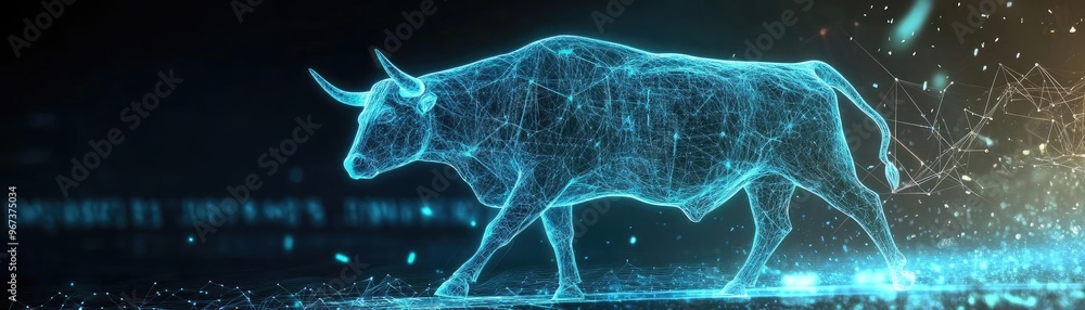 Poster futuristic digital bull design symbolizing strength and resilience in a tech-driven landscape.