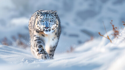 Obraz premium A snow leopard walks in a snowy environment.