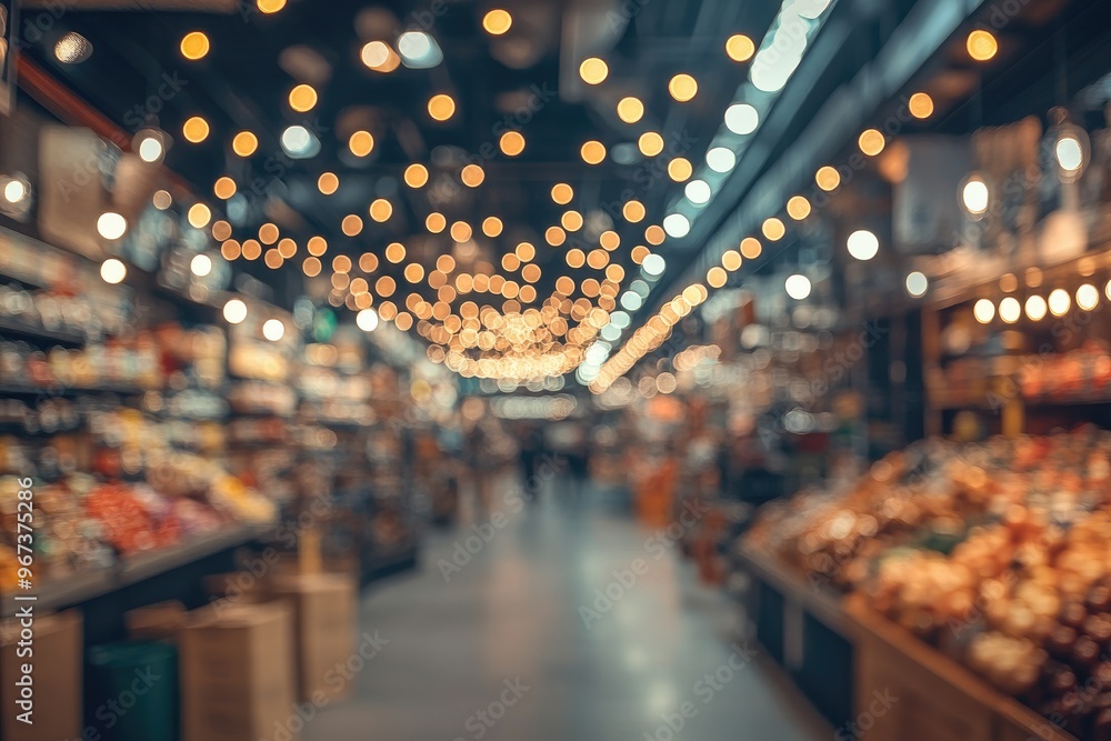 Poster blurred photo of a market with lights. this image can be used for a background to add text for adver