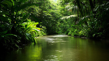 Obraz premium A rare plant species growing alongside a tranquil stream in the Amazon, surrounded by dense, green vegetation 