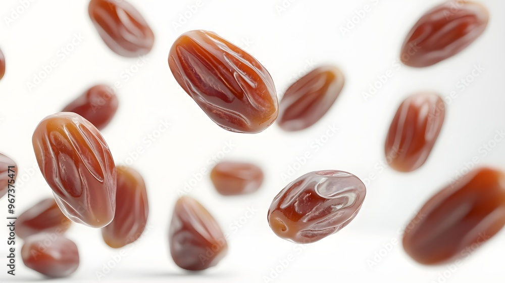 Poster 29. **a 3d render of a fresh date falling, its rich brown color and smooth texture contrasting with 
