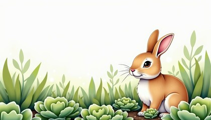 A cute cartoon rabbit sitting among lush green succulents, perfect for nature-themed designs or children's illustrations.