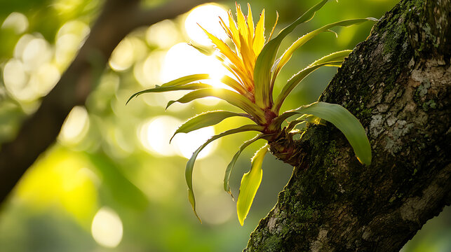 A rare bromeliad growing high on a tree branch, capturing sunlight through the thick canopy above 