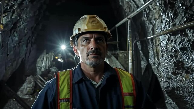 Experienced Miner in a Hard Hat Deep Underground in a Mine
