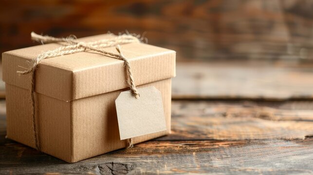 Unlabeled cardboard package tied with string awaiting pickup on a wooden table surface