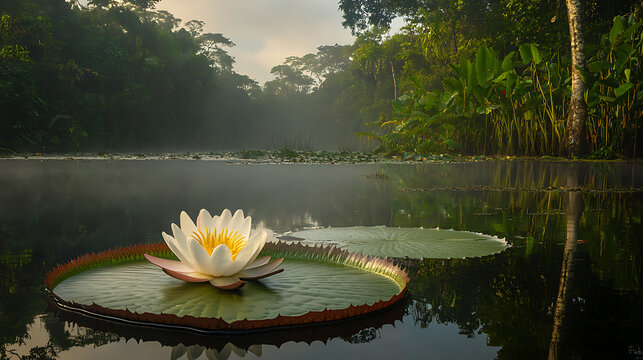 A rare Amazonian water lily floating on a still pond, surrounded by towering trees and wildlife 