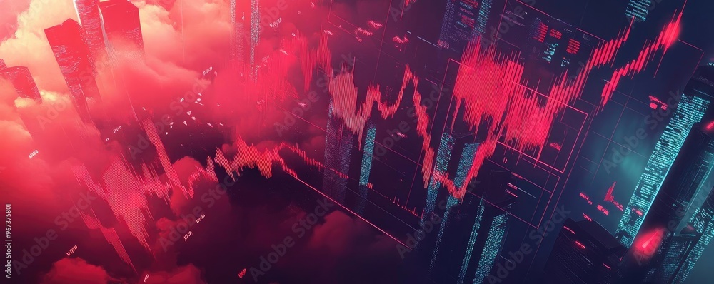 Poster dynamic stock market graph showing fluctuating trends and data analysis in vibrant red and blue tone