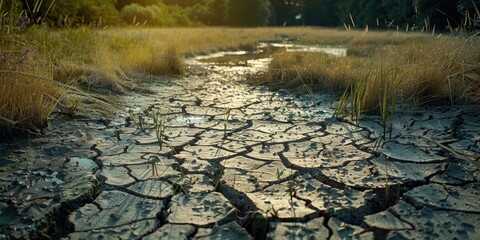 Severely dry wetland swamp and pond leading to cracked soil crust due to drought depicting the impacts of climate change and environmental disaster on the earth s surface posing a threat to