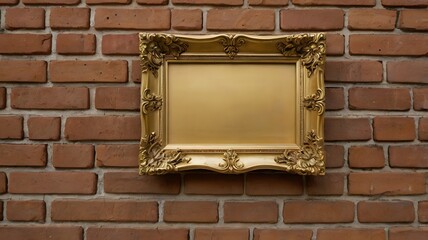 A large, ornate golden picture frame hanging crookedly on a brick wall with nothing inside