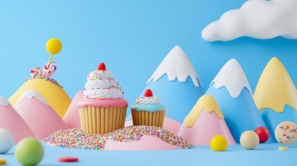 Colorful cupcakes decorated with sprinkles and cherry on top, set against a whimsical pastel mountain backdrop
