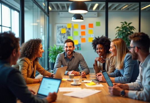 A diverse team brainstorms in a bright glass office, surrounded by vibrant post-its and natural light.







