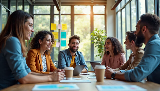A diverse team brainstorms in a bright glass office, surrounded by vibrant post-its and natural light.