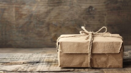 Unlabeled cardboard package bound with string awaiting collection on a table surface