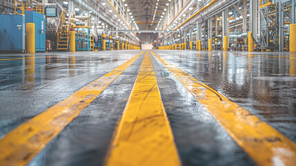 Close up yellow lines on factory floor.
