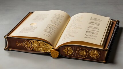 A leather-bound book with gold embossing on the cover, lying open to a page with handwritten notes and sketches