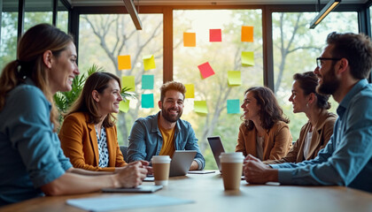 A diverse team brainstorms in a bright glass office, surrounded by vibrant post-its and natural light.







