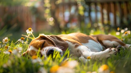 A peaceful beagle sleeps soundly in a garden filled with daisies and sunlight, enjoying a bright and serene summer day.
