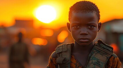 Fototapeta premium Young African Boy Looking Into The Camera At Sunset