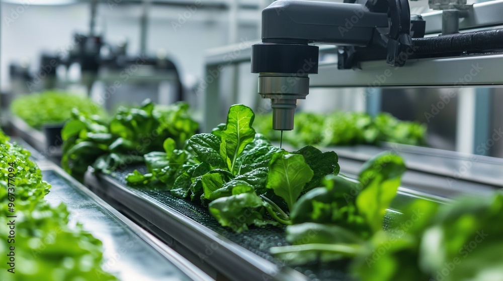Poster a futuristic factory processing and packaging fresh leafy greens with precise automation