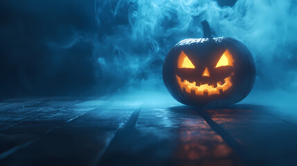 Horror scene with Halloween pumpkin lantern in smoke