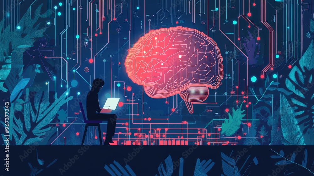 Poster neural network concept featuring a person studying a digital representation of an ai brain highlight