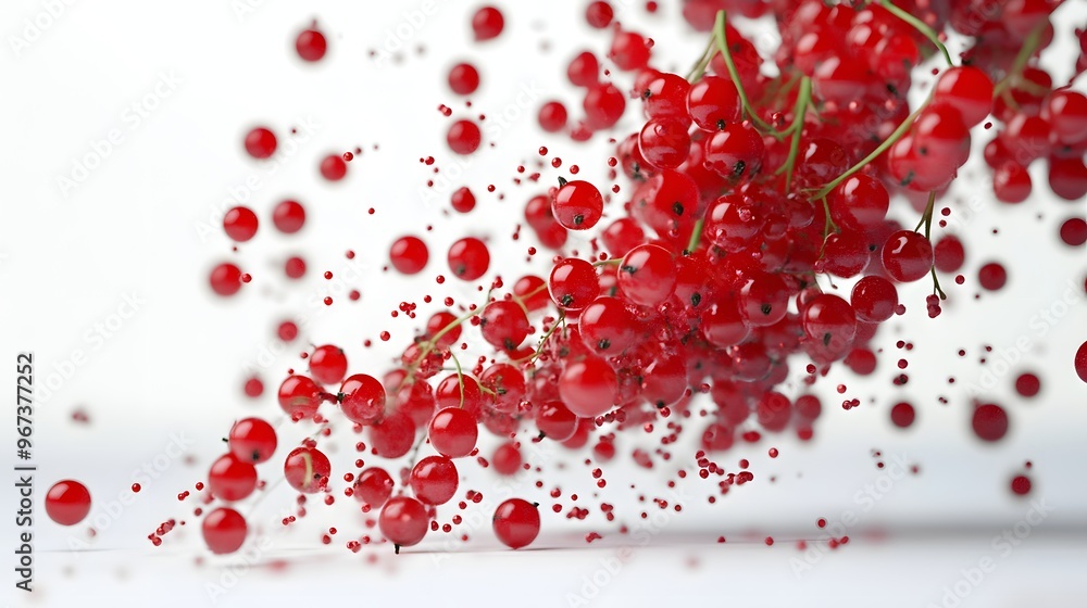Poster 38. **a 3d render of a falling currant, its tiny red berries contrasting sharply with a pristine whi