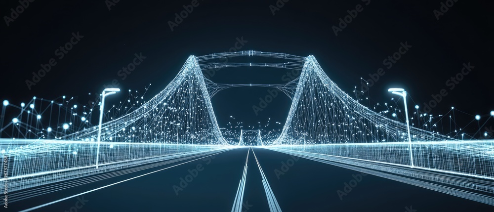 Poster wireframe mesh of a bridge traversing a highway concept of connection structure shown through digita