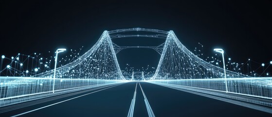 Wireframe mesh of a bridge traversing a highway Concept of connection structure shown through digital data visualization in a 2D cartoon style illustration