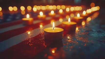 solemn tribute american flag drapes gently over row of flickering memorial candles soft focus and muted tones create respectful patriotic atmosphere for patriot day remembrance
