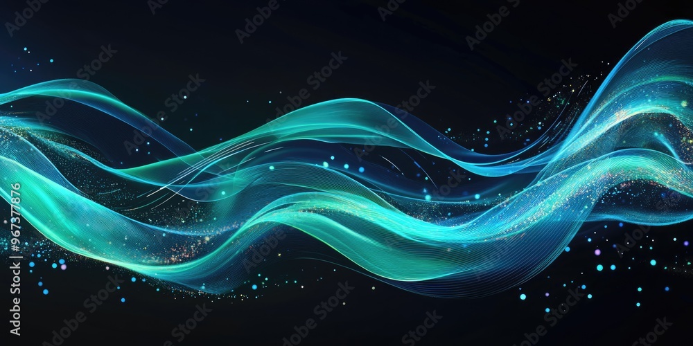 Poster 2d cartoon illustration of abstract flowing light lines in dynamic blue and green hues set against a