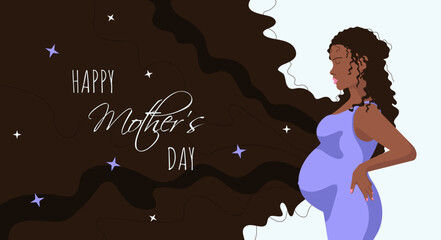 Happy mother's day greeting card with black pregnant girl in purple dress and long dark hair flat illustraation for wallpapers, banners, posters, cards	