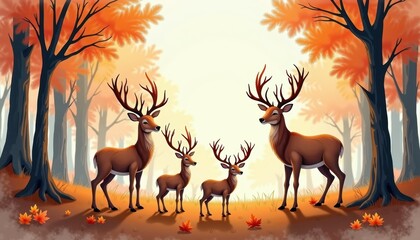 A serene scene of deer in a colorful autumn forest, surrounded by vibrant fall foliage and soft sunlight filtering through trees.