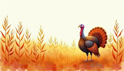 A vibrant turkey surrounded by fall foliage, representing autumn and Thanksgiving themes in a colorful and artistic style.
