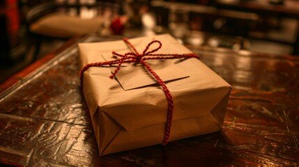 Unmarked cardboard package bound with string awaiting collection on a wooden table surface
