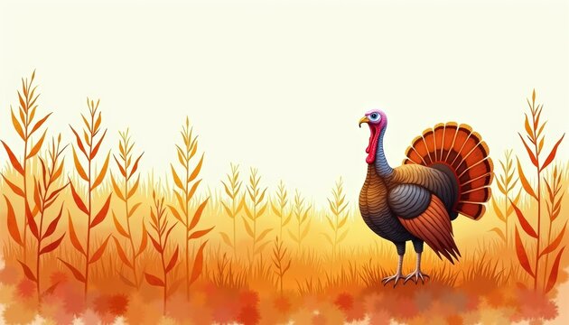 A vibrant turkey surrounded by fall foliage, representing autumn and Thanksgiving themes in a colorful and artistic style.