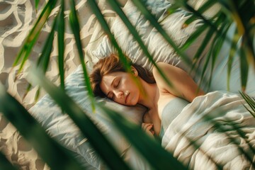 Tranquil middle-aged arab gently sleeps comfortable bed serene. Quiet elegance middle-aged arab woman sleeps her comfortable bed. Timeless elegance of peaceful rest symbolizing 