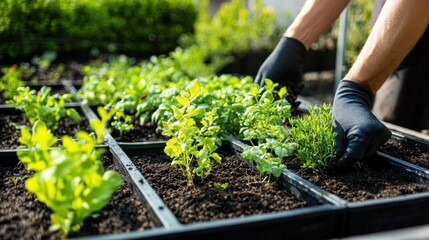 Fototapeta premium Organic vegetable garden with seedlings in wooden boxes. Gardening concept