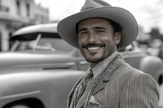 A smiling gentleman in 1940s zoot suit style,