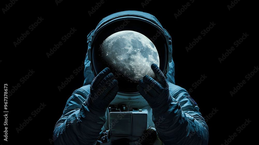 Wall mural Astronaut holding the moon in hands on black background
