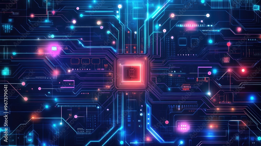Poster futuristic abstract technology background featuring a circuit board design representing high level d