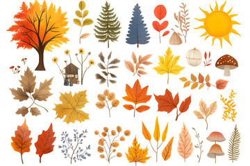 Obraz premium Hand drawn cartoon autumnal collection of yellow plants and leaves isolated on white background