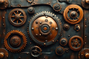 steampunkinspired clockwork mechanism interlocking gears and cogs in various sizes warm bronze tones intricate details and textures