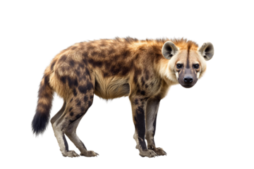 A spotted hyena, a dangerous scavenger, hunts in a wild park on transparent background