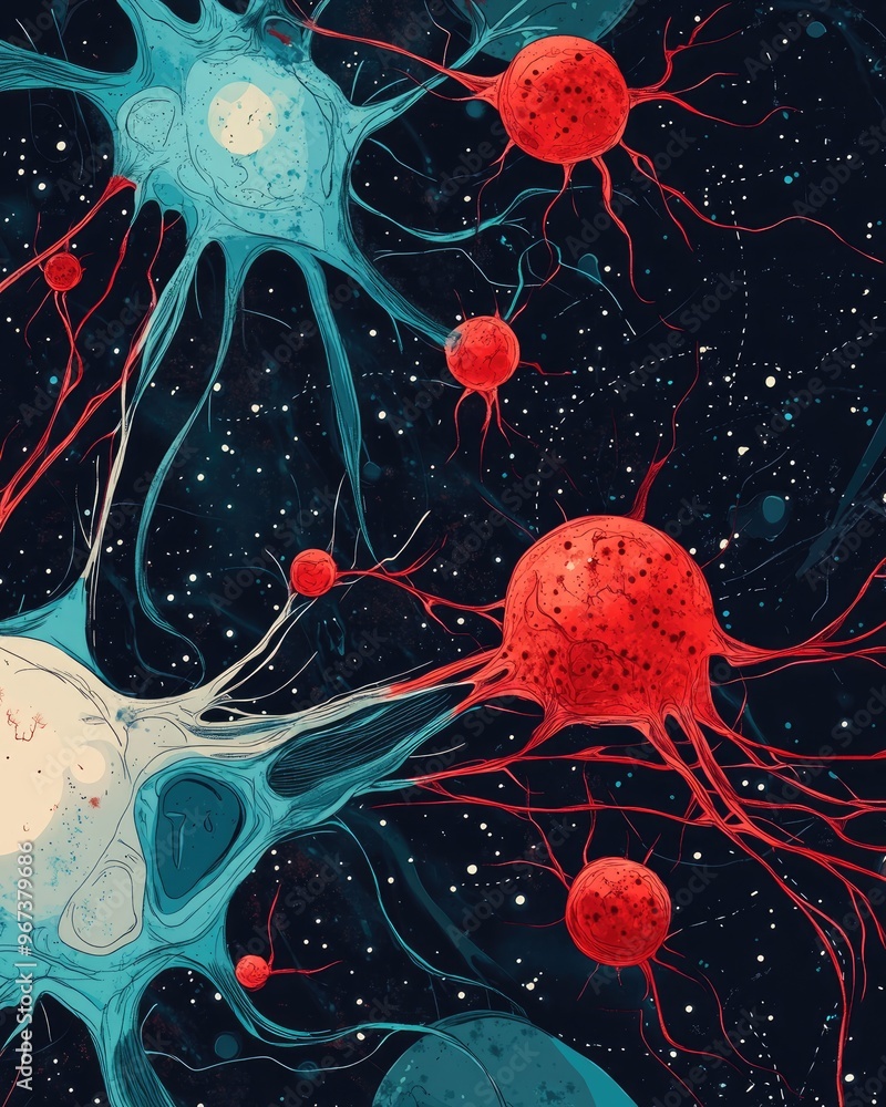 Poster 2d cartoon illustration of a neural network interconnected with stains and clots in a space setting